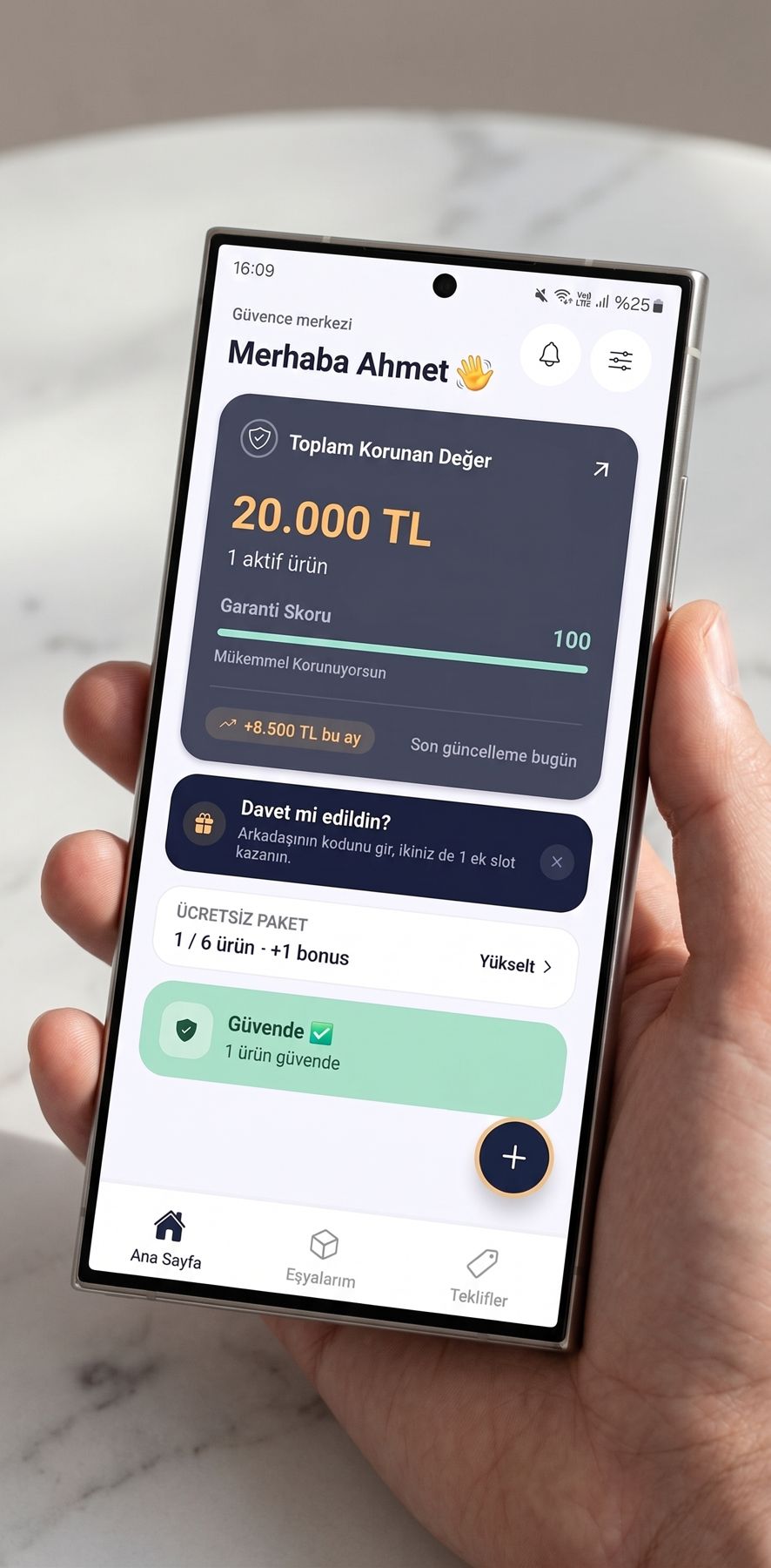 Garantify Güvence merkezi: toplam korunan değer 20.000 TL, garanti skoru 100