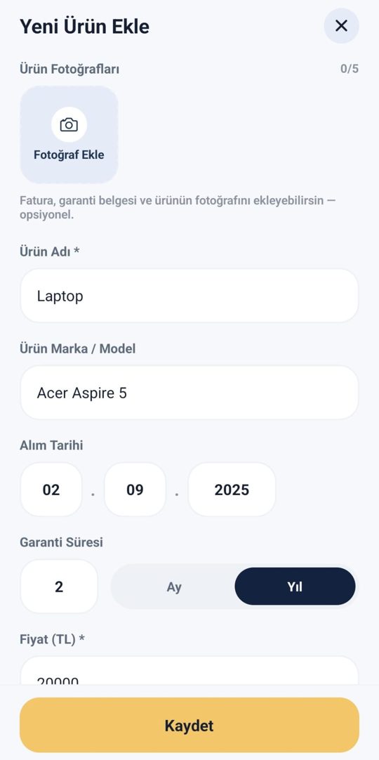 Yeni Ürün Ekle ekranı: ürün adı, marka, alım tarihi ve garanti süresi